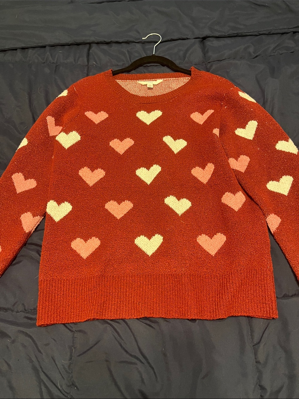 Time and Tru Rust Red Crewneck Sweater with Cream and Light Pink Hearts